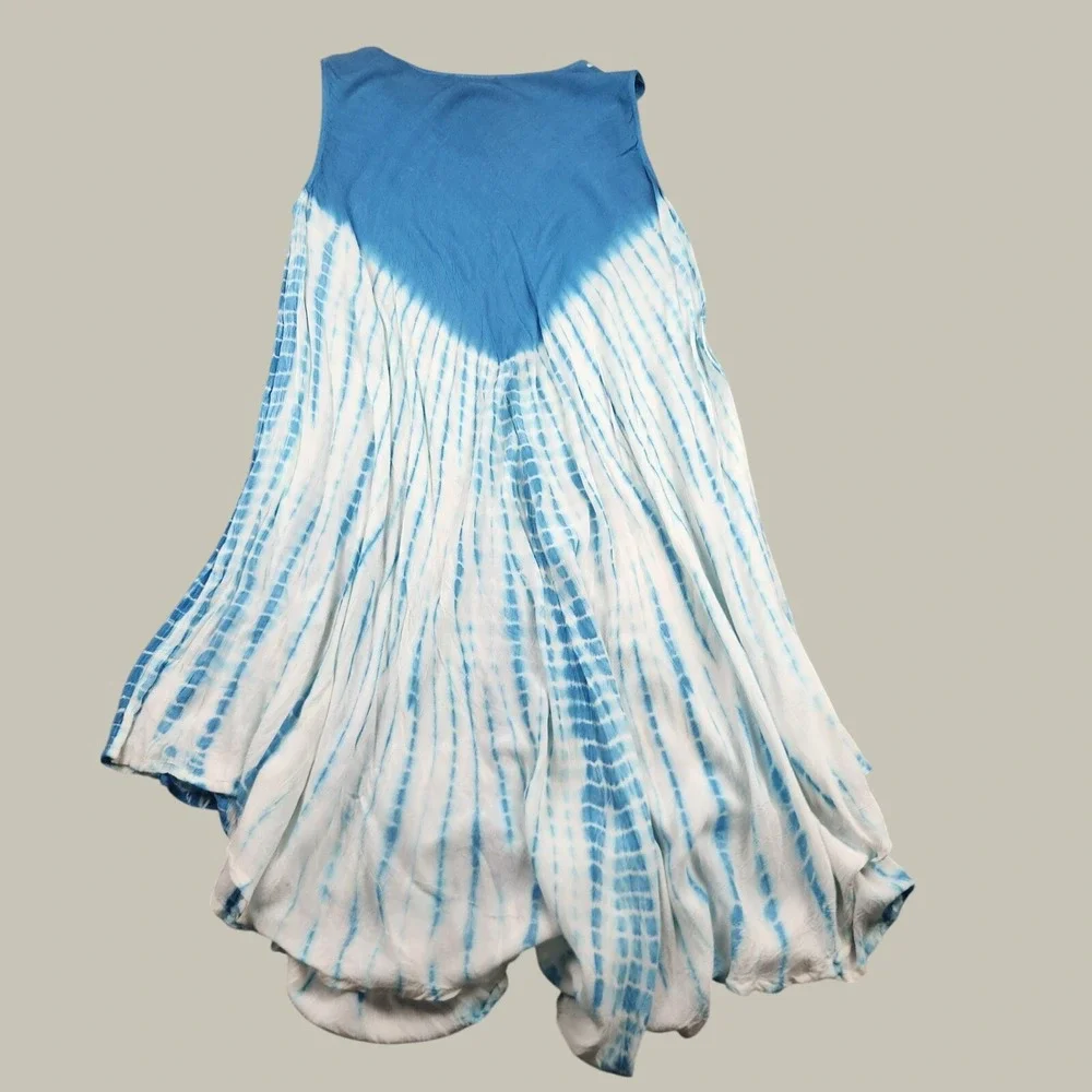 Rima‎ Beachworld Blue Tie Dye Embroidered Sequin Handkerchief Hem Dress OSFM